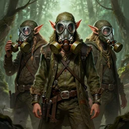 elves with gas masks, weedsmoker, digital painting, artstation, stoner album art by arik roper