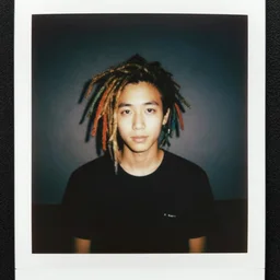 a boy with colored dread hair in dark room flash, polaroid effect, tumblr style