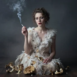 photographic portrait of sad max ernst woman swan dried melting floral fungus with spiraling cigarette smoke, wearing a dress made of feathers, nebula, in fog