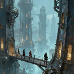 landscape painting of fantasy metal steampunk city that has a light blue glow with walkways and lit windows with emphasis on hooded thieves in leathers climbing the buildings using a rope, fine details, magali villeneuve, artgerm, rutkowski