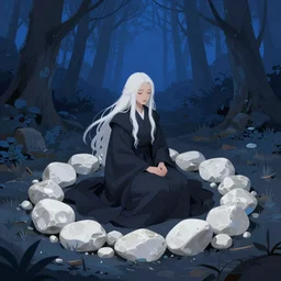woman in dark robes with long white hair sitting coyly inside of a ring of loose white stones in a dark blue forest, trending on artstation, digital art ( by jesper ejsing ) ( by clint cearley ) ( by raluca marinescu )