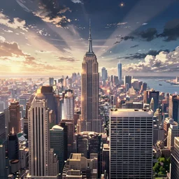 overhead view of new york city skyline in the far future, anime art deco, background by studio ghibli