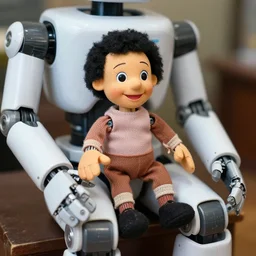 pretty ventriloquist dummy sitting on a robot's knee