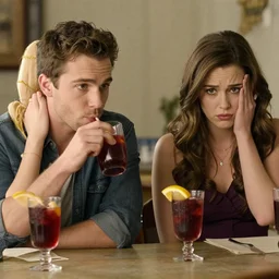 Travis is drinking his sangria too fast and Katharine is not impressed and is shaking her head