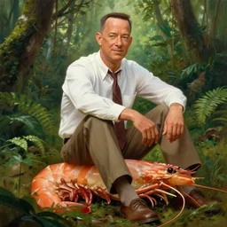 Tom Hanks as forrest gump sitting on a giant shrimp in the jungle, realistic digital painting, in the style of Frederic St-Arnaud, photoreailstic, realistic face, amazing detail, sharp