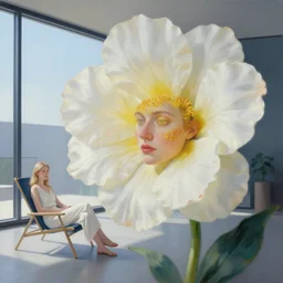 closeup, huge flower as a face, a white woman sitting on lounge chair by a modern window, surreal photography, studio light, impressionist painting, digital painting, artstation, simon stalenhag