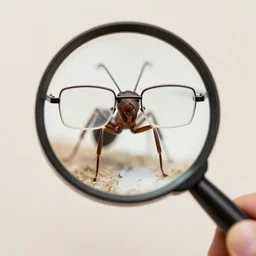 a magnifier shows an ant that wears glasses