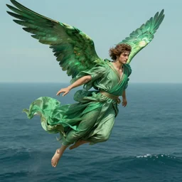avan jogia as an angel flying, green feathers, flowing robes, handsome, ocean background, alphonse mucha, rhads, ross tran, artstation, artgerm, octane render, 1 6 k