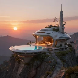A futuristic house with a pool, on top of a mountain, with a sunset, trending on Artstation matte painting futurism futuristic biopunk Thomas Kinkade
