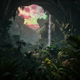 a beautiful render of a dark prehistoric rainforest in a humongous cave, lush flora, patches of sky, magenta, green, sunset, floating mountains and a waterfall in the background, intricate detail, hazy, humid, volumetric lighting, 8 k, photorealistic, raytracing effects, unreal engine 5