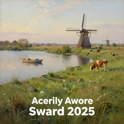 a peaceful grassy landscape with lakes, boats and cows during dawn, windmill in the background, realistic oil painting, top view, award winning, ultra realistic, ultra detailed, wide angle,