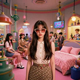 a portrait of a girls bedroom transforming into a magical factory where humans are made, people wearing gucci and gucci glasses exploring a wes anderson themed amusement park, glowing lights, style by gucci, wes anderson david hockney, high detail, 8 k, unreal engine, film grain, octane render,