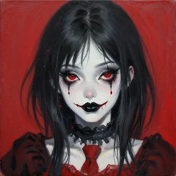 beautiful! beautiful! aesthetically pleasing! portrait of an anime goth clowngirl with red eyes and black lips, painted by ilya kuvshinov!!! and zdzislaw beksinski