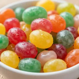 macro image of a bowl full of jelly beans, realistic, glistening, slightly sprayed with water.