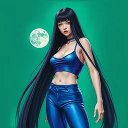 longest black hair, blue latex pants, purple croptop, two moons, acid green background. highly detailed, digital painting, watercolor, engraving, artstation, concept art, smooth, sharp focus, vivid grunge, manga, illustration, unreal engine 5, 8 k, art by bilibin and kilian eng and kuvshinov and malevich and mucha