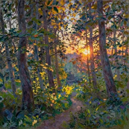 An aesthetically pleasing, dynamic, energetic, lively, well-designed digital art of trees inside a forest during sunset, light and shadow, caustics, by Claude Monet, superior quality, masterpiece, excellent use of negative space. 8K, superior detail.