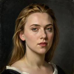 a portrait of Scarlett Johansson, facing front, by Rogier van der Weyden, oil painting, anatomically correct, beautiful perfect face, sharp focus, Highly Detailed, Cinematic Lighting, 8k, HD