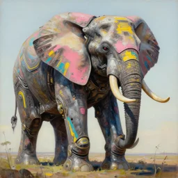 an intricate oil painting of a giant south african armored elephant shaped scrap metal mecha by simon stalenhag, pink, yellow and cyan paint decals