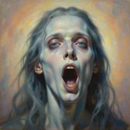 painting of eldritch being walter, close up scene of man with open mouth, by zdzislaw beksinski, by dariusz zawadzki, by wayne barlowe, amazing details, gothic, surrealism, cosmic horror, lovecraftian, cold hue's, warm tone gradient background, concept art, beautiful composition