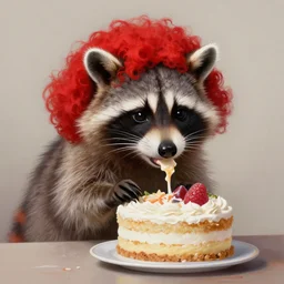 raccoon in red wig eating birthday cake, elegant intricate digital painting artstation concept art by mark brooks and brad kunkle, detailed