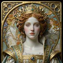 beautiful young medieval queen by jean delville, iris van herpen, raymond swanland and alphonse mucha, highly detailed, hyper - real, face centered portrait, smooth polished porcelain, art nouveau, ornate gothic icon with heavy patina, ultrasharp hyperdetailed photorealistic octane render