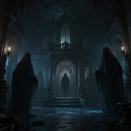 eldritch shadows ghosts in a room of a haunted house. photorealistic, cinematic lighting, octane tender, dark - art