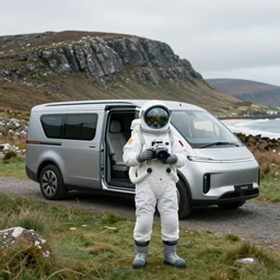 tourist in space suit on the Isle of Harris, Scotland, a futuristic silver sci-fi campervan in the background, 35 mm lens, medium format camera, photorealistic, 8K, rocky, hills, grass, beach, advertising photo