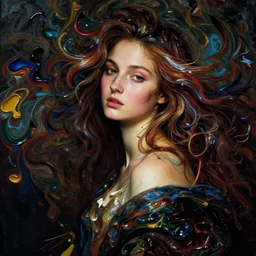 a portrait of a very beautiful kpop goddess, seductive look, with hair radiating swirling paint and impasto by botticelli and caravaggio, background is volumetric displacement, paint swirls, hyperreal, dark, dramatic lighting, analogous complementary colour scheme