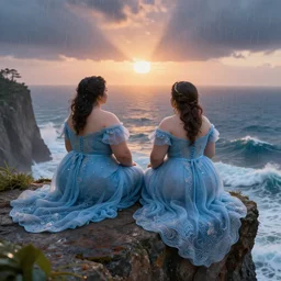 a stunning 3 d rendered landscape of two thicc and voluptuous women in gossamer blue dresses sitting on a cliff face in the rain watching the sunrise over the ocean, turbulent ocean in the background, intricate, elegant, highly detailed, artstation, ultra sharp focus, octane render, volumetric lighting, god rays, art by jugendstil and alphonse mucha