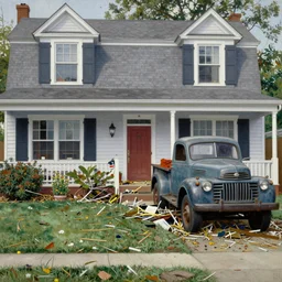 A Norman Rockwell painting of a front  front yard covered in thrash that has half of an old broken down truck in it, detailed, masterpiece