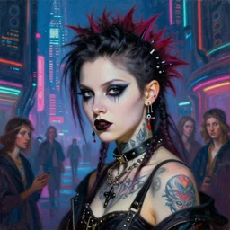 close up portrait of a punk goth tattooed girl in a fluorescent cyberpunk futuristic city, oil painting by canaletto hieronymus bosh leonardo da vinci piero della francesca botticelli