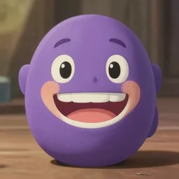 purple clay character, laughing, studio ghibli looking at the camera, cute anime style, octane render