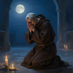 oil painting portrait of a weeping sobbing tonsured dominican monk in a brown habit, kneeling in a moonlit empty chapel at night, hazy, digital art, artstation, cinematic, moonlight, digital art painting by greg rutkowski, hazy atmosphere, candles, cinematic blue lighting