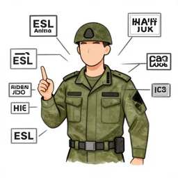 sharp, simplified drawing for the military showing a man using esl, with denotations of the words and phrases represented by each sign