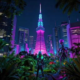 reclaimed by nature by john william casilear, neon noir tokyo bioshock cgsociety san andreas retrowave at fall alien tron at night assassin's creed, archdaily, wallpaper, highly detailed, trending on artstation.