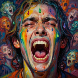 a psychedelic LSD weeping man screams in agony, closeup on face, extreme facial symmetry raindrops of rainbow paint |, afterlife, souls in joy and agony | abstract oil painting, gouche on paper by MC Escher and Salvador Dali |