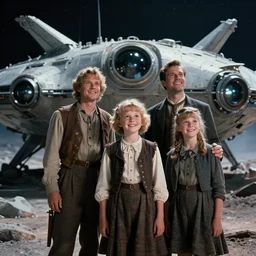extremely sharply detailed, 3 5 mm film from blockbuster 9 6 k sci fi color movie freeze frame, set 1 8 6 0, family standing in front of crashed spaceship, on alien planet, looking happy, wearing 1 8 5 0 s era clothes, atmospheric lighting, in focus, reflective eyes, 9 9 9 mm lens, live action, nice composition and photography, clear faces