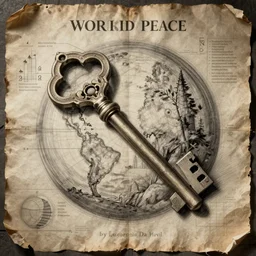 the key for World Peace, analytic sketch blueprint by Leonardo da Vinci, detailed, damage paper
