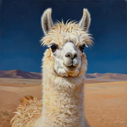 highly detailed oil painting of llama with dreadlocks, desert with starfall in the night sky on background, hyperrealistic painting