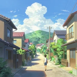 A colourful ultradetailed anime illustration of a residential street in rural Japan by beeple, makoto shinkai, thomas kinkade, anime art visual novel background, trending on artstation, anime, sunlight through cumulus, 4K