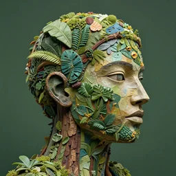 abstract, sculpture made of various materials from rainforest of face of artificial intellicgence