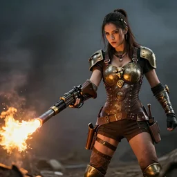 photo of a female steampunk warrior with a flamethrower