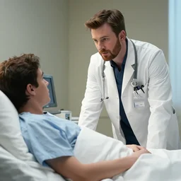 a movie scene featuring Chris Evans as a doctor talking with a sick patient in bed who is Chris Evans, a nurse who is Chris Evans stands nearby with a chart, directed by Stephen Spielberg