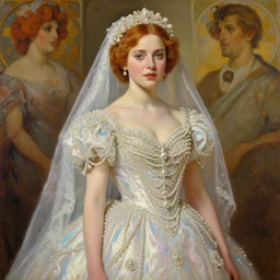 realistic oil painting of young 1 8 - year old christina hendricks wearing an iridescent wedding dress covered in pearls, highly detailed, intricate, by bouguereau, alphonse mucha, artgerm, and donato giancola