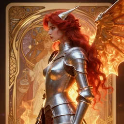side portrait, red haired female gargoyle, plate armor, realism, soft, smooth, luminescent, art nouveau tarot, backlit glow, fiery!!!, aesthetic octane render, unreal engine, 8 k, by artgerm, greg rutkowski, alphonse mucha