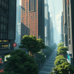 futuristic city with forest, straight edged buildings, street signs, detailed shopfronts, video screens, impasto brush strokes, soft light, 8 k, dramatic composition, dramatic lighting, sharp focus, octane render, concept art, masterpiece, by adrian ghenie and jenny saville and zhang jingna