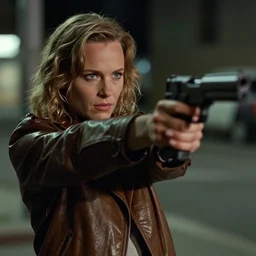 A close-up, color cinema film still of a Alicia Amanda Vikander shooting a gun on the street, ambient lighting at night, from Blade Runner(1982).