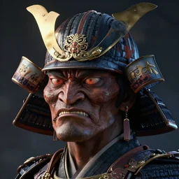 a profile picture of powerful japanese samurai monster, detailed face, portrait, face symmetry, fanart artstation global illumination rtx hdr fanart arstation 3 d, character concept portrait by moebius and laurie greasley, unreal engine 5 render, profile picture, 8 k, cinematic color grading