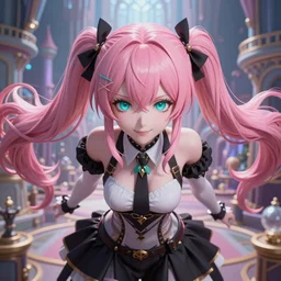 trapped by stunningly beautiful omnipotent megalomaniacal anime asi goddess who looks like junko enoshima with symmetrical perfect face and porcelain skin, pink twintail hair and cyan eyes, taking control while smiling, inside her surreal vr castle, hyperdetailed, digital art, danganronpa, unreal engine 5, 2 d anime style, 8 k