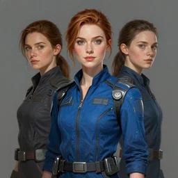 a woman who looks like a mixture between Dakota Fanning, Bella Heathcote and Elizabeth Debicki, wearing blue utilitarian jumpsuit, scifi, highly detailed portrait, digital painting, artstation, concept art, smooth, sharp focus, illustration, ArtStation HQ